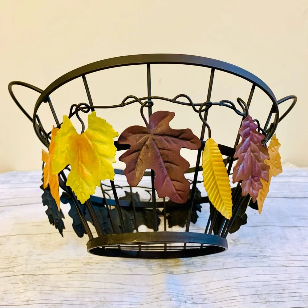 Vintage Metal and Wire Basket With Fall Leaves